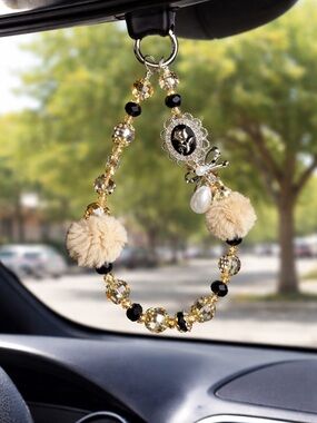 Beaded Car Charm with Beige Pom-Poms and Gold Accents